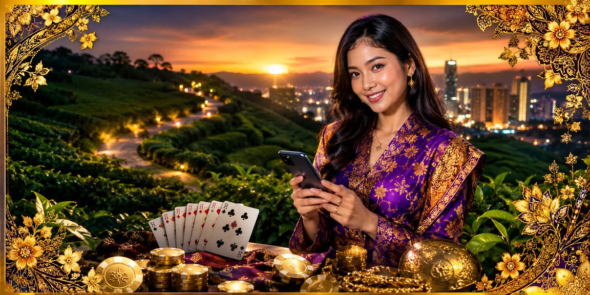 Pemain kasino Malaysia dengan corak batik bermain permainan kad dan roulette di platform 422